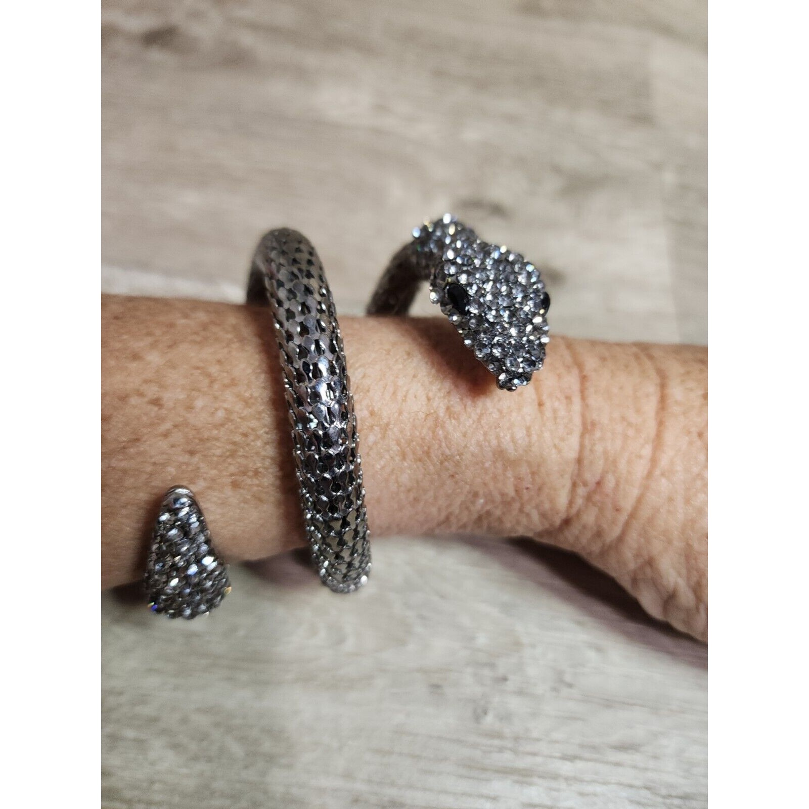 Vintage Silvertone Rhinestone Encrusted Head And Tail Mesh Snake Wrap Bracelet.